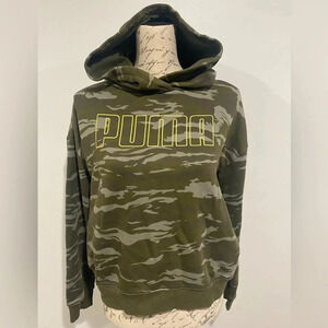 Puma Hoodie Army Green Camo Fleece Crop Pullover Gold Logo Sweatshirt Women’s XS